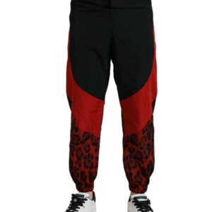Black Red Leopard Print Nylon Jogger Pants - Jag Couture London