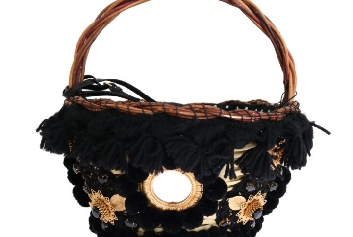 Beige Straw Snakeskin Pom Pom Crystal AGNESE Bag - Jag Couture London