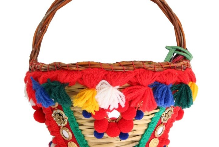 Multicolor AGNESE Straw Crystal  Pom Pom Bag - Jag Couture London