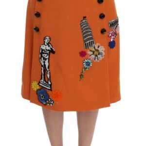Orange Wool Crystal Sequin Appliques Skirt - Jag Couture London