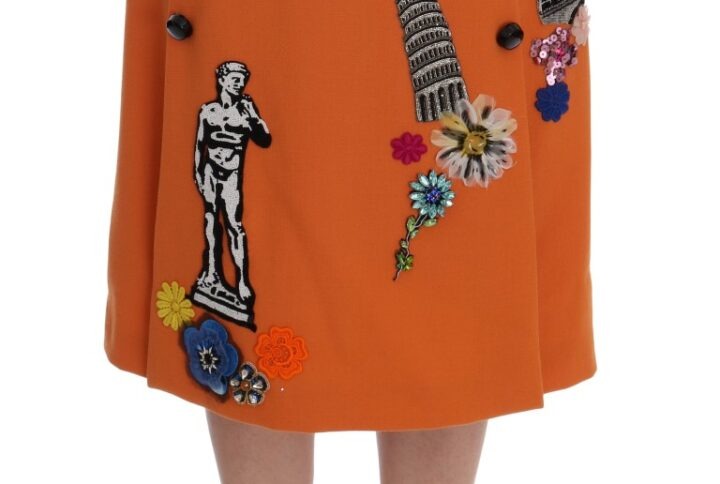 Orange Wool Crystal Sequin Appliques Skirt - Jag Couture London