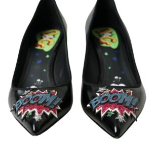 Black Leather BOOM Patch Heels Pumps Shoes - Jag Couture London