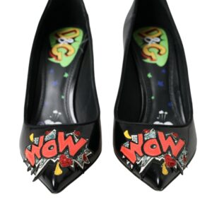 Black Leather WOW Patch Heels Pumps Shoes - Jag Couture London