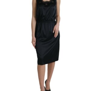 Black Polyester Lace Trim Sheath Midi Dress - Jag Couture London