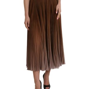 Brown Polyester Pleated High Waist Midi Skirt - Jag Couture London