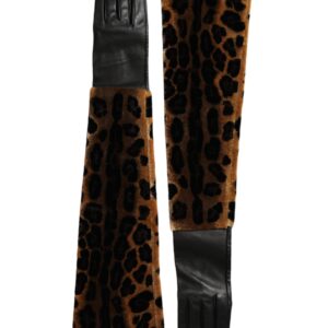 Brown Black Leopard Leather Elbow Length Gloves - Jag Couture London