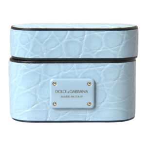 Light Blue Leather Metal Logo Plaque Airpods Case - Jag Couture London
