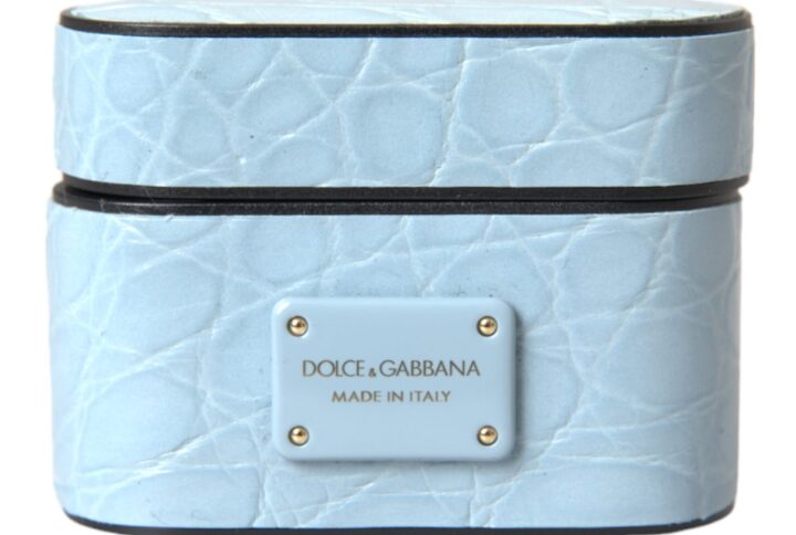 Light Blue Leather Metal Logo Plaque Airpods Case - Jag Couture London