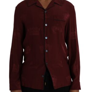 Maroon Crown Jacquard Silk Long Sleeve Shirt - Jag Couture London