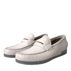 White Gray Leather Slip Mocassin Shoes Loafer - Jag Couture London