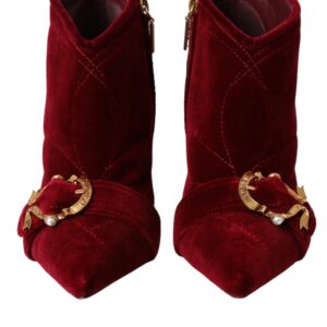 Dark Red Velvet Devotion Buckle Boots Shoes - Jag Couture London