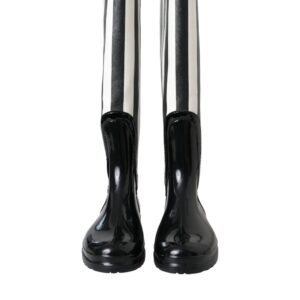 Black Rubber Knee High Flat Boots Shoes - Jag Couture London
