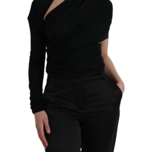 Black Wool Cutout Asymmetric Long Sleeve Top - Jag Couture London