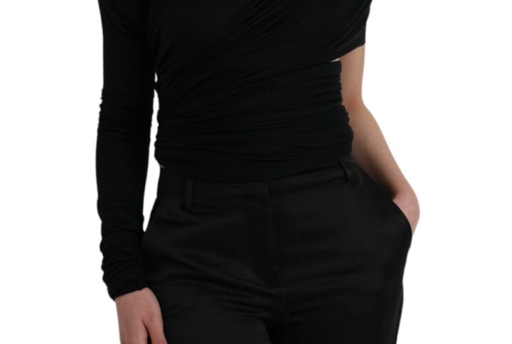 Black Wool Cutout Asymmetric Long Sleeve Top - Jag Couture London