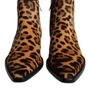 Brown Leopard Calf Fur Ankle Boots Shoes - Jag Couture London