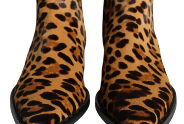 Brown Leopard Calf Fur Ankle Boots Shoes - Jag Couture London