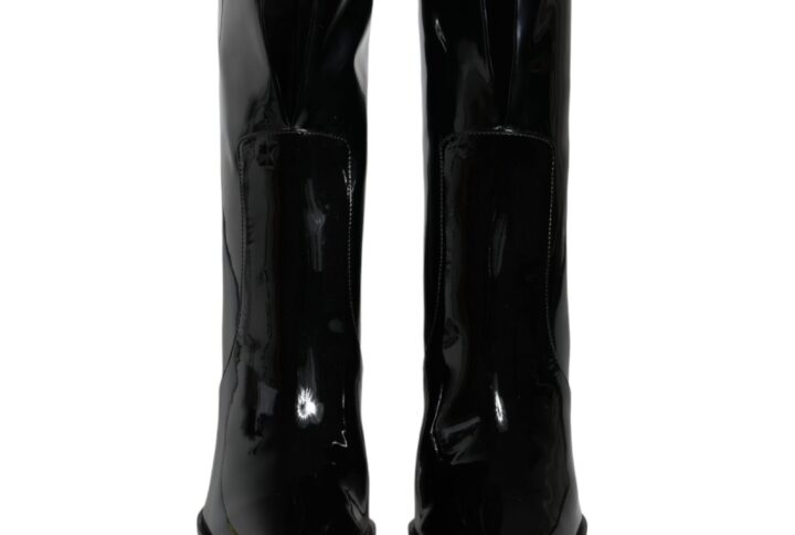 Black Patent Leather Mid Calf Boots Shoes - Jag Couture London