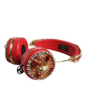Red Nappa Leather Floral Crystal Headphone - Jag Couture London