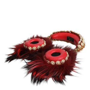 Red Gold Crystal Fur Headset Audio AUX Headphones - Jag Couture London
