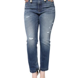 Dark Blue Cotton Tattered Skinny Denim Jeans - Jag Couture London
