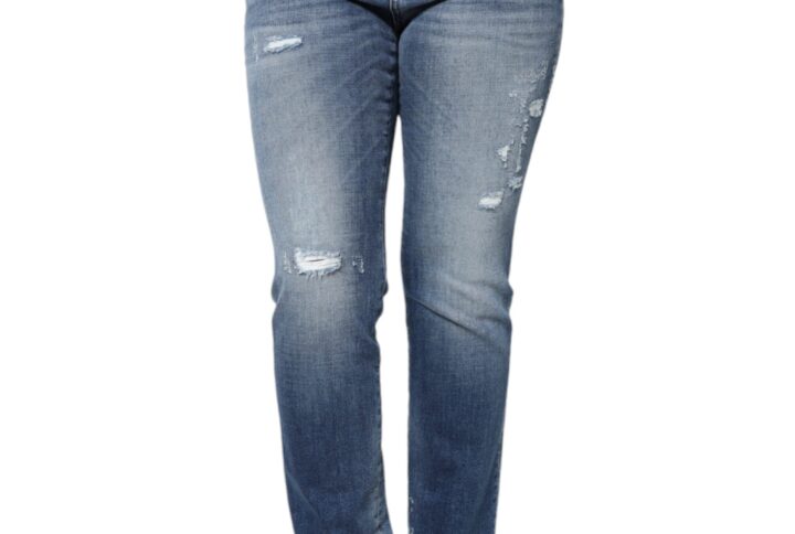Dark Blue Cotton Tattered Skinny Denim Jeans - Jag Couture London