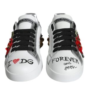 White Leather Floral Studded Sneakers Shoes - Jag Couture London
