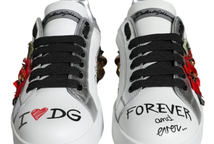 White Leather Floral Studded Sneakers Shoes - Jag Couture London