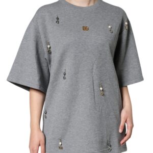 Gray Cotton Blend Embellished Tee T-shirt - Jag Couture London