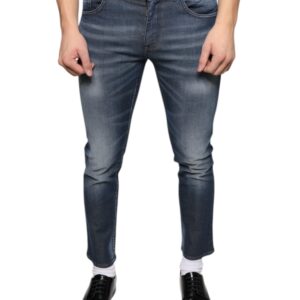 Dark Blue Washed Cotton Skinny Denim Jeans - Jag Couture London