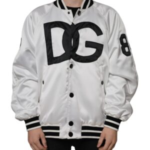 White Polyester Logo Full Zip Bomber Jacket - Jag Couture London