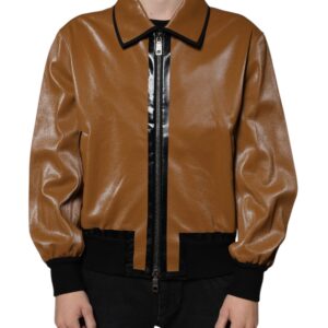 Brown Leather Full Zip Men Bomber Jacket - Jag Couture London