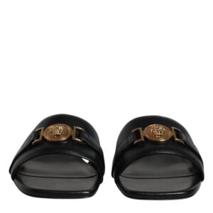 Black Leather Logo Plaque Slip On Slides Flats Shoes - Jag Couture London