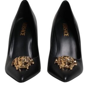 Black Leather Logo Plaque High Heels Pumps Shoes - Jag Couture London