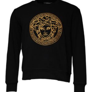 Black Medusa Embroidery Crew Neck Pullover Sweater - Jag Couture London