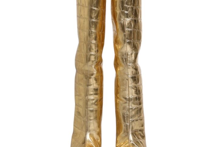 Gold Leather Stiletto Heels High Boots Shoes - Jag Couture London