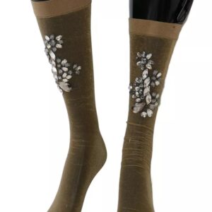 Gold Stretch Floral Clear Crystal Stocking Socks - Jag Couture London