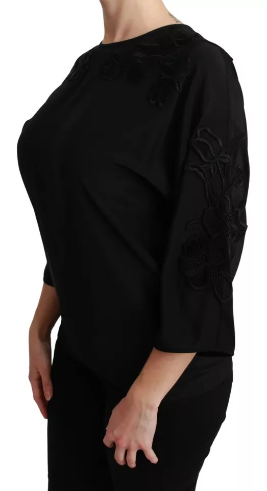 Black Floral Embroidered Blouse Silk Top - Jag Couture London