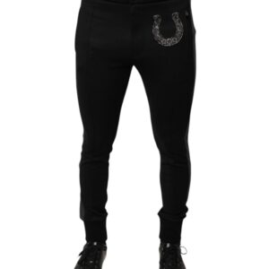 Black Horseshoe Embellished Wool Slim Fit Pants - Jag Couture London
