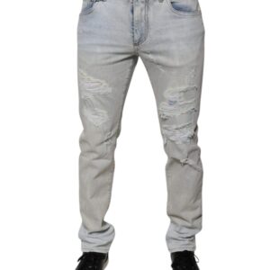 Light Blue Cotton Blend Tattered Skinny Denim Jeans - Jag Couture London