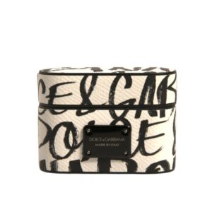 Black White Leather Scribble Embossed Logo Airpods Case - Jag Couture London