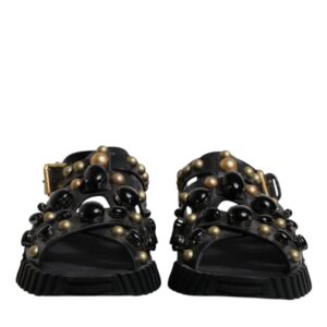 Black Leather Studded Slides Sandals Shoes - Jag Couture London