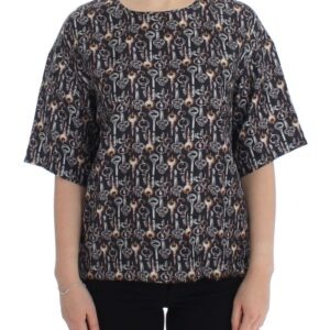 Gray Gold Key Print Silk Blouse T-shirt - Jag Couture London