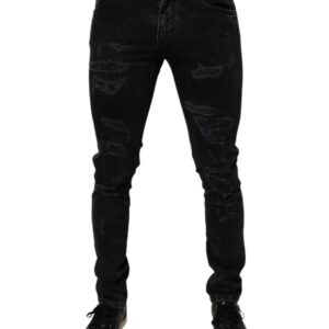 Black Tattered Cotton Skinny Men Denim Jeans - Jag Couture London