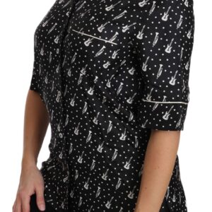 Black GuitarTrumpet Print Silk Shirt Top - Jag Couture London