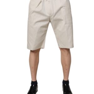 Beige Cotton Stretch Mid Waist Bermuda Shorts - Jag Couture London