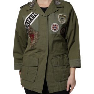 Military Green Queen Embellished Coat Jacket - Jag Couture London
