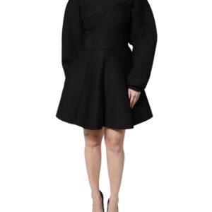 Black Cotton Long Sleeves A-line Mini Dress - Jag Couture London