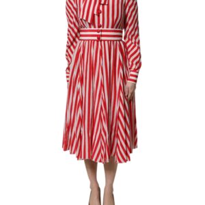 White Red Stripes Long Sleeves Midi Dress - Jag Couture London