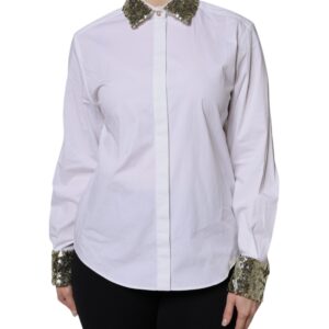 White Cotton Long Sleeves Sequin Shirt Top - Jag Couture London