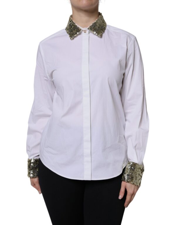 White Cotton Long Sleeves Sequin Shirt Top